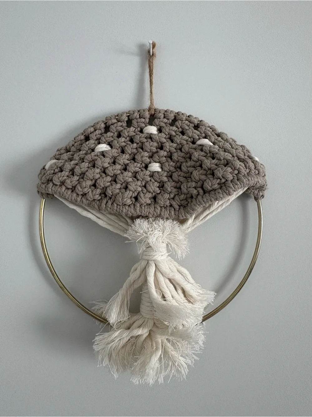 Handmade Macrame Mushroom Wall Hanging in Taupe and Cream